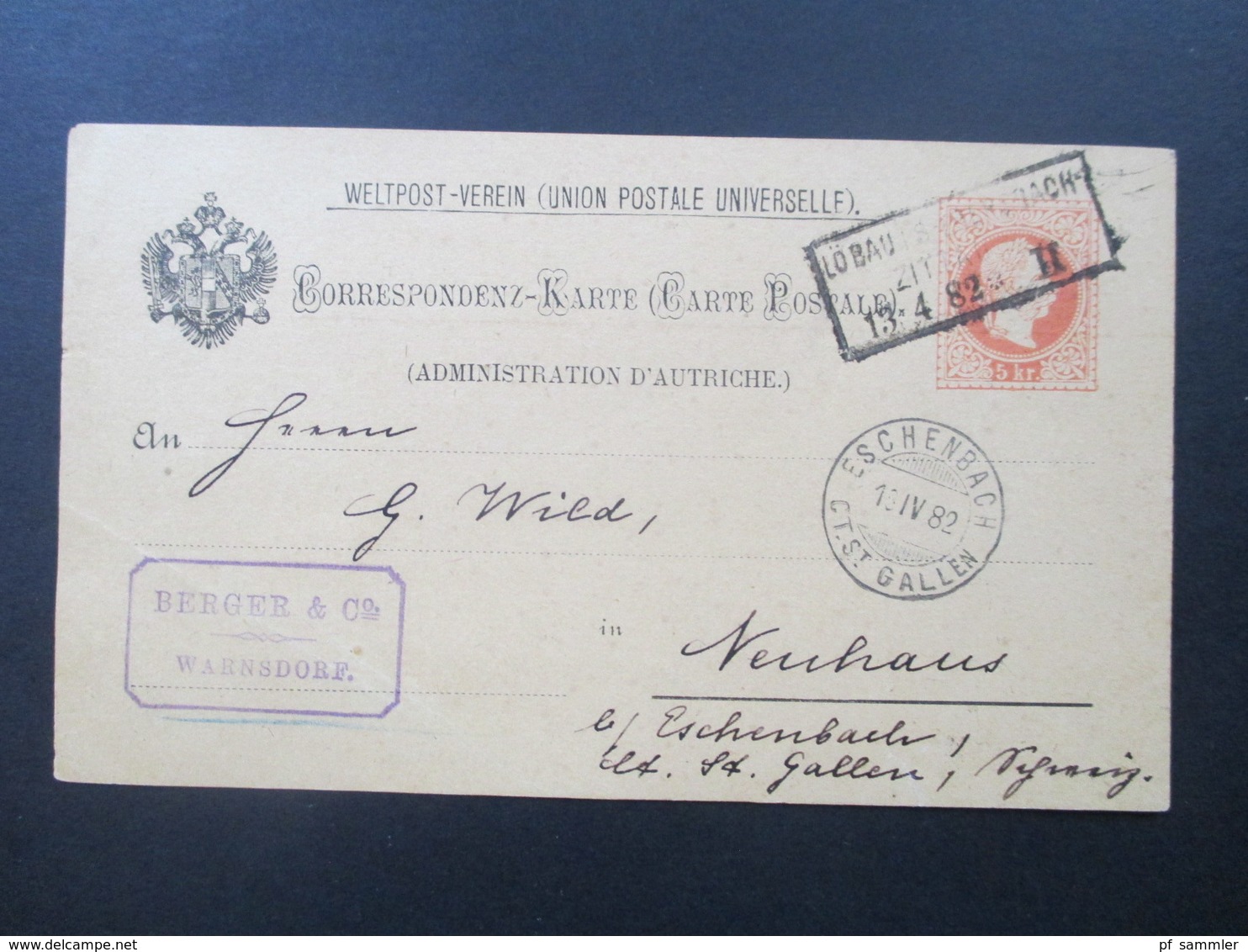 Österreich 1882 Weltpostkarte Mit Sächsischem Bahnpost Stempel R3 Löbau Ebersbach - Zittau Aus Warnsdorf Nach Eschenbach - Briefe U. Dokumente