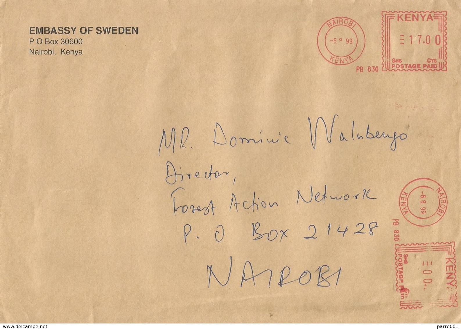 Kenya 1999 Nairobi Meter Franking Pitney Bowes-GB “5000” PB830 Sweden Embassy Domestic Cover - Kenya (1963-...)