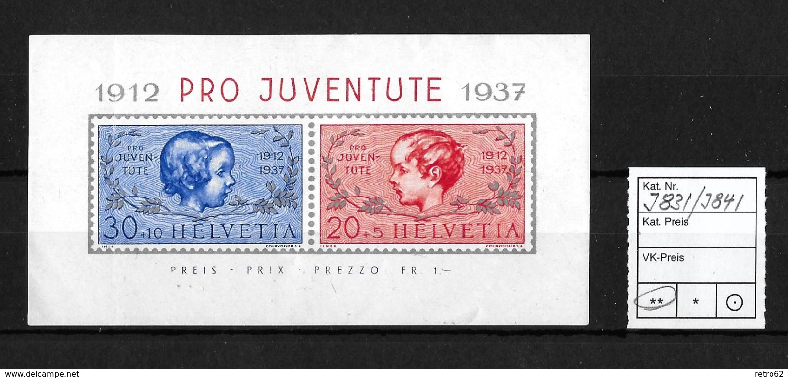 PRO JUVENTUTE → 1937 Block J38I / J39I ** - Ungebraucht