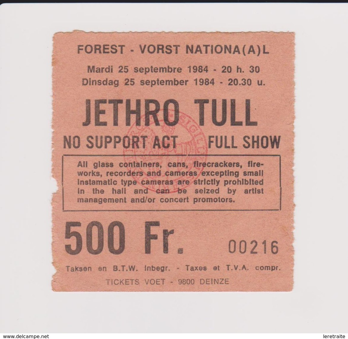 Concert JETHRO TULL 25 Septembre 1984 à Forest B - Tickets De Concerts