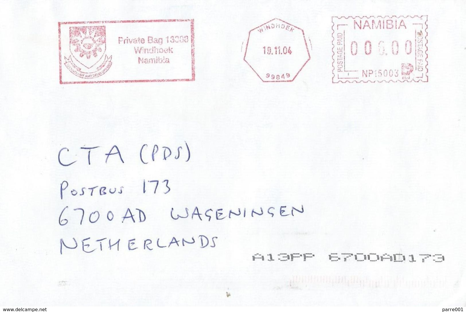 Namibia 2004 Windhoek Meter Pitney Bowes-GB “A900” University Cover - Namibië (1990- ...)