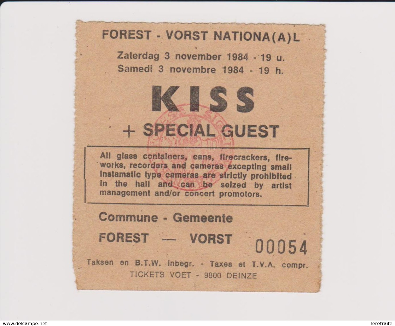 Concert KISS + SPECIAL GUEST 3 Novembre 1984 à Forest B - Tickets De Concerts