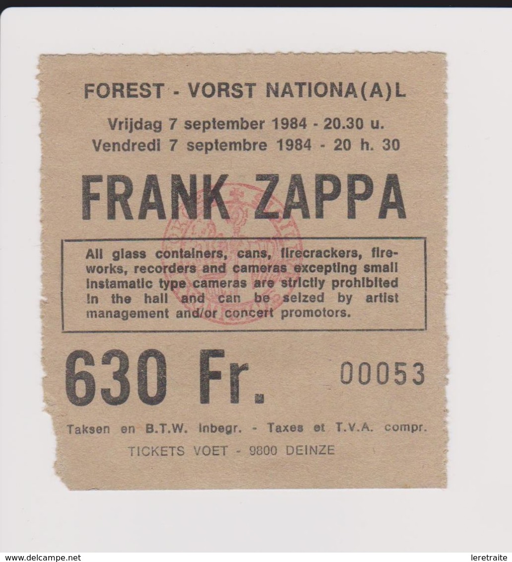 Concert FRANK ZAPPA 7 Septembre 1984 à Forest B - Tickets De Concerts