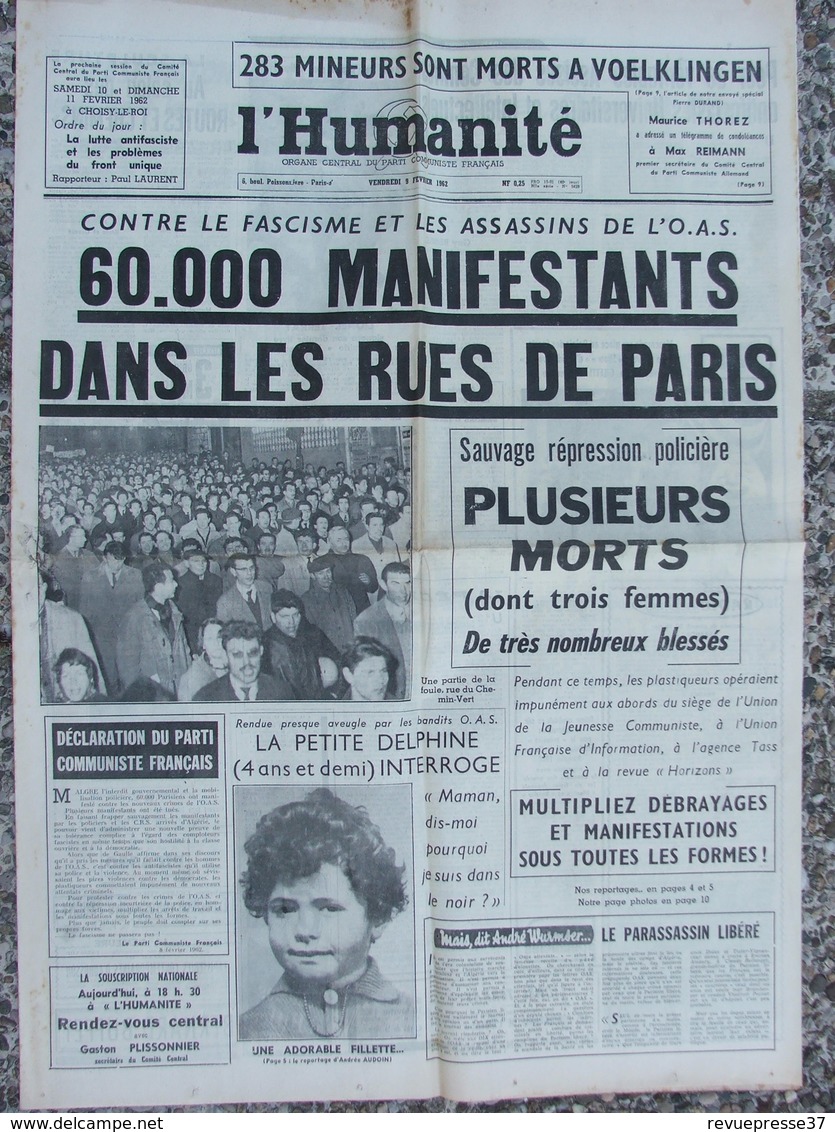 Journal L'Humanité (9 Fév 1962) Répression Policière Charonne - Mineurs De Voelklingen - - 1950 à Nos Jours