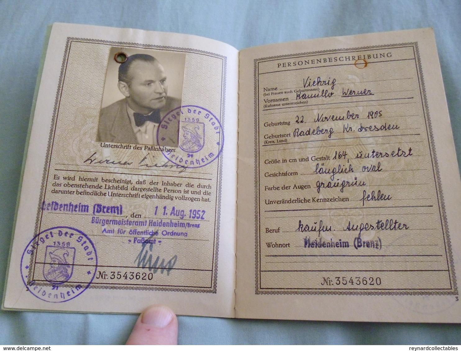 1952 West German Reisepass Passport Heidenheim, French Zone Of Austria & Italy Handstamps? Fiscals - Historical Documents