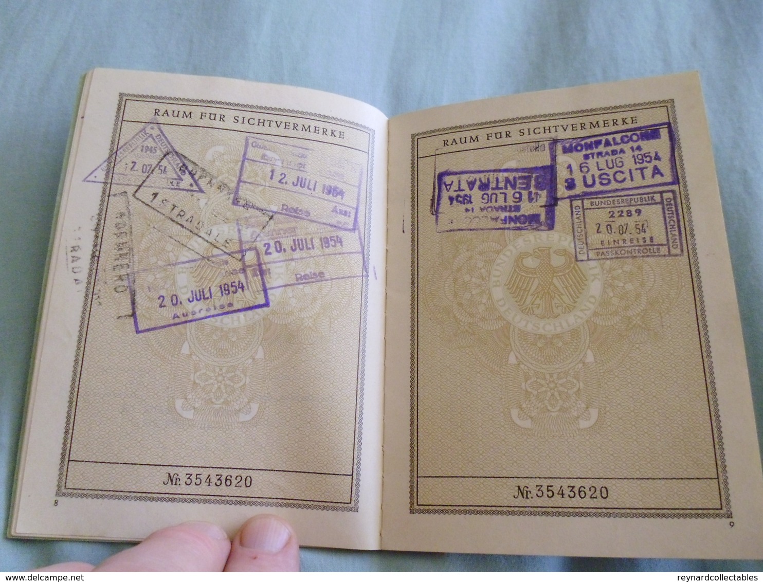 1952 West German Reisepass Passport Heidenheim, French Zone of Austria & Italy handstamps? Fiscals