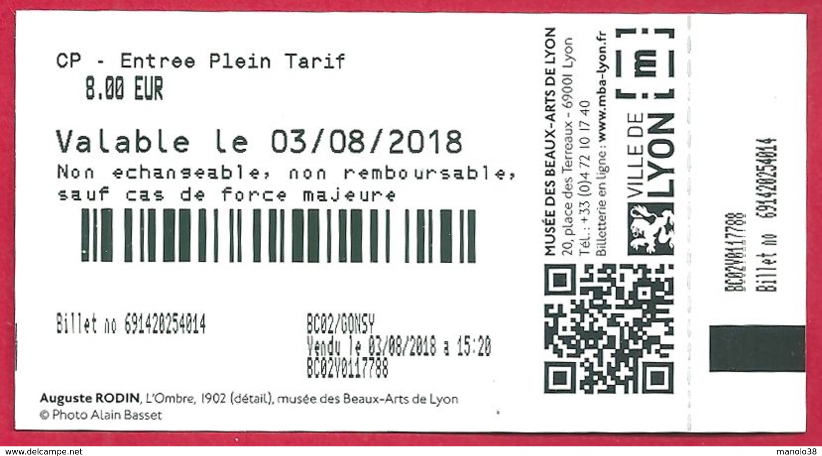 Musée Des Beaux Arts De  Lyon, Rhône (69), Visuel Sculpture D'Auguste Rodin, L'ombre, 2018 - Tickets D'entrée