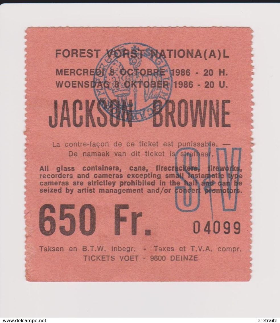 Concert JACKSON BROWNE 8 Octobre 1986 à Forest B. - Tickets De Concerts