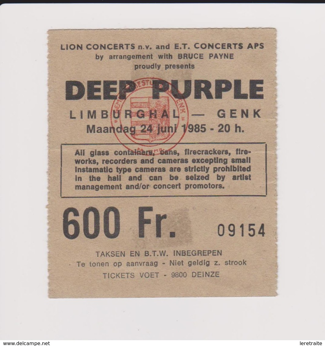 Concert DEEP PURPLE Limburghal Genk 24 Juin 1985. - Tickets De Concerts