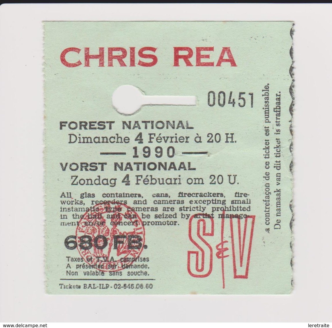 Concert CHRIS REA  4 Février 1990 à Forest B. - Konzertkarten