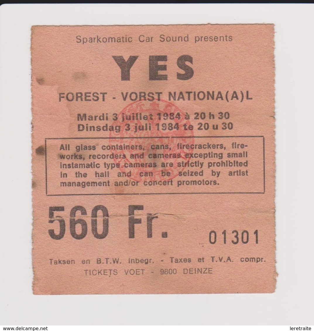 .Concert YES 3 Juillet 1984  à Forest B - Concert Tickets