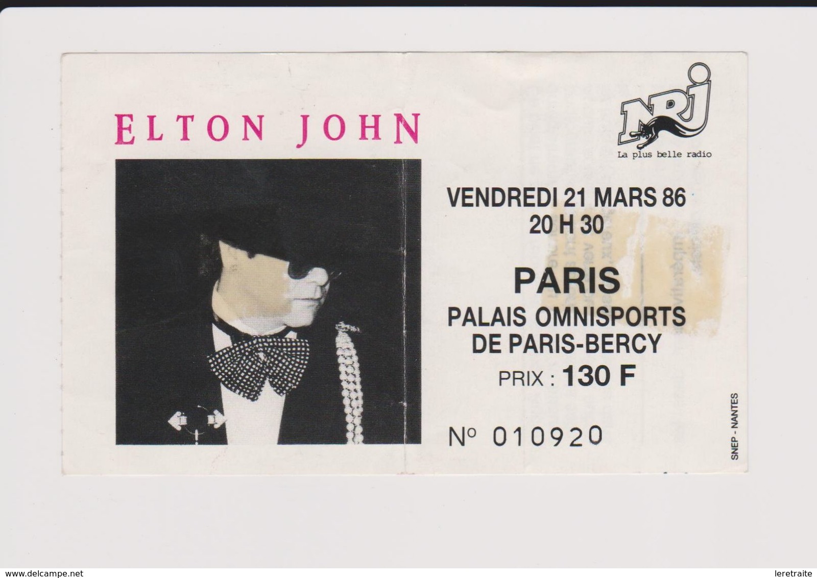 Concert ELTON JOHN 21 Mars 1986 Paris Bercy. - Konzertkarten