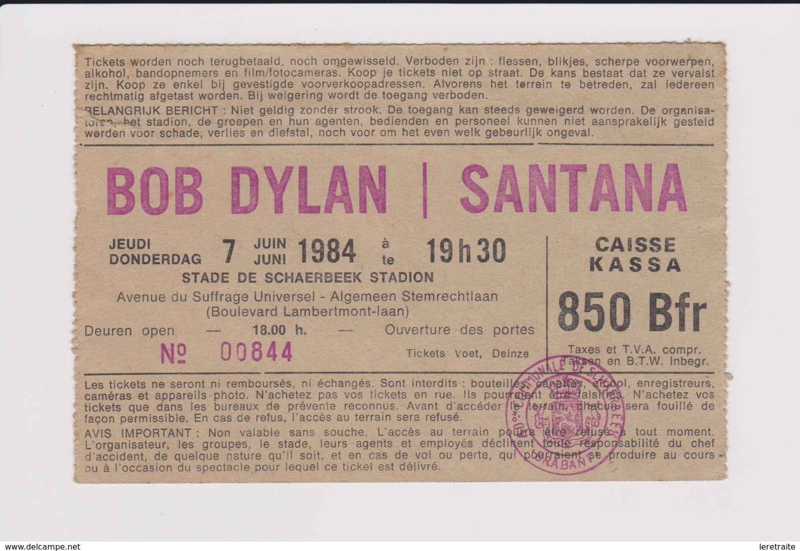 Concert BOB DYLAN / SANTANA 7 Juin 1984 Stade De Schaerbeek Stadion. - Konzertkarten