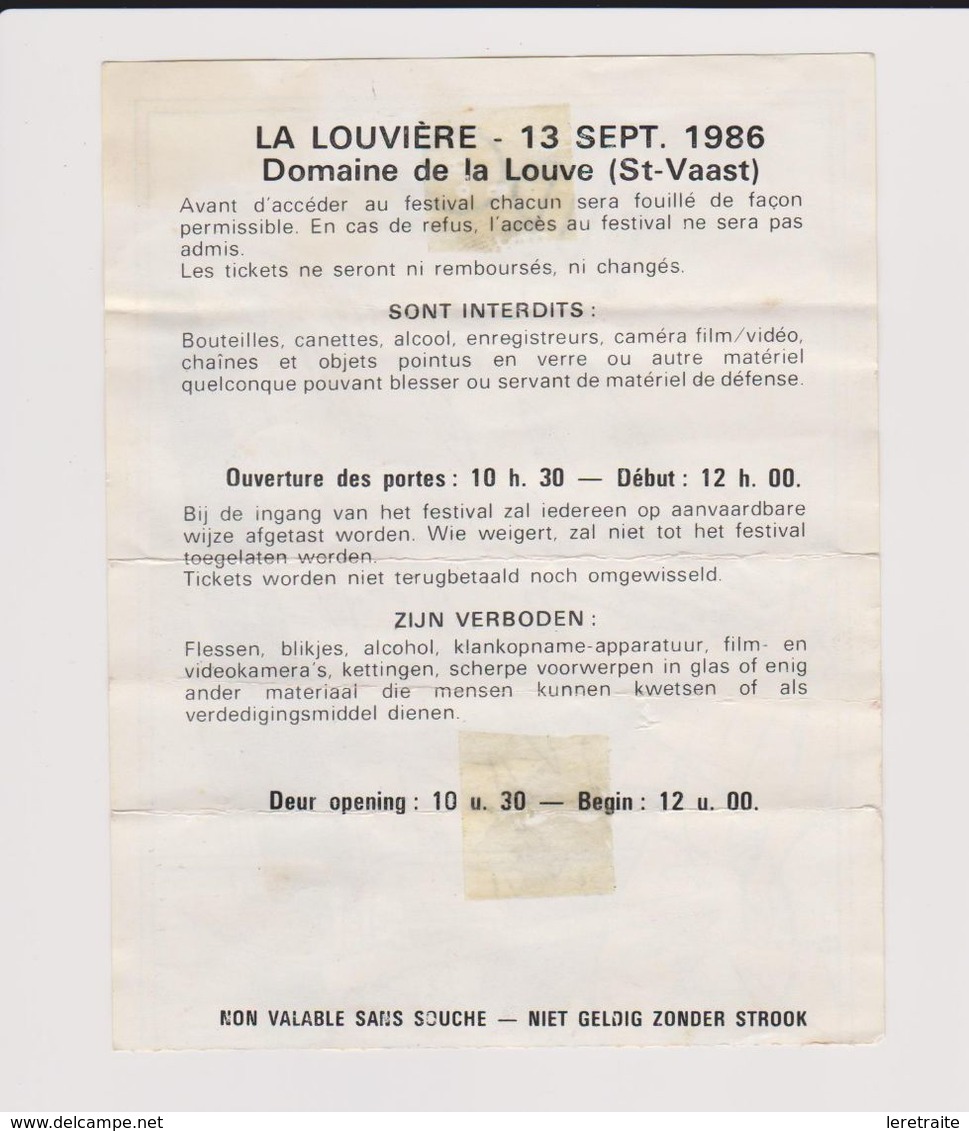 Concert FESTIVAL EURO ROCK La Louvière 13 Septembre 1986 - Tickets De Concerts
