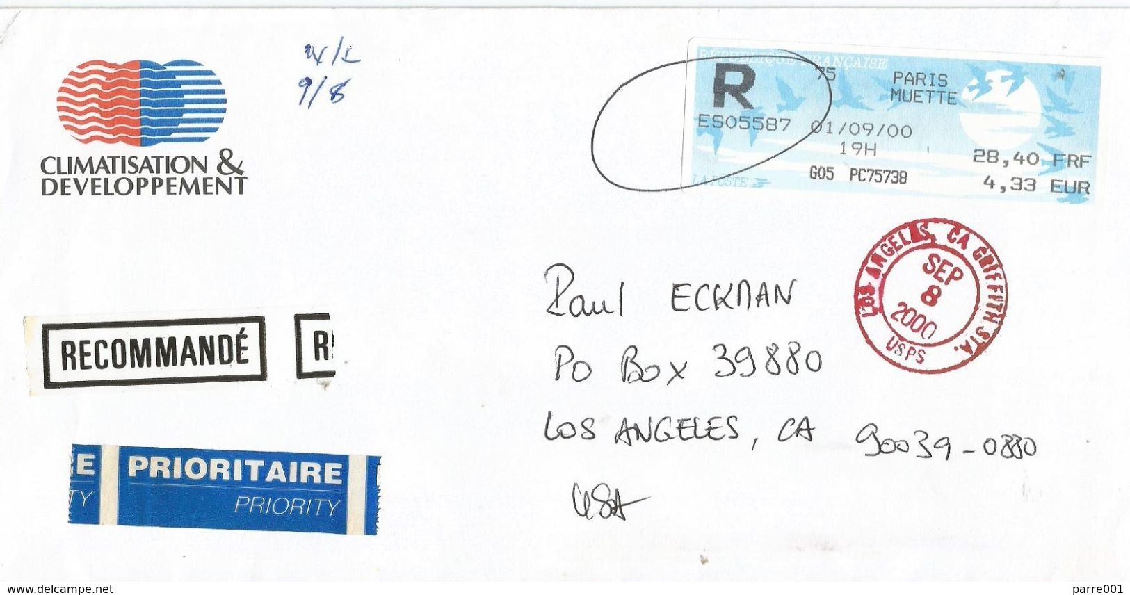 France 2000 Paris Muette Oiseuax De Jubert Meter ATM EMA Registered Cover - 1990 Type « Oiseaux De Jubert »