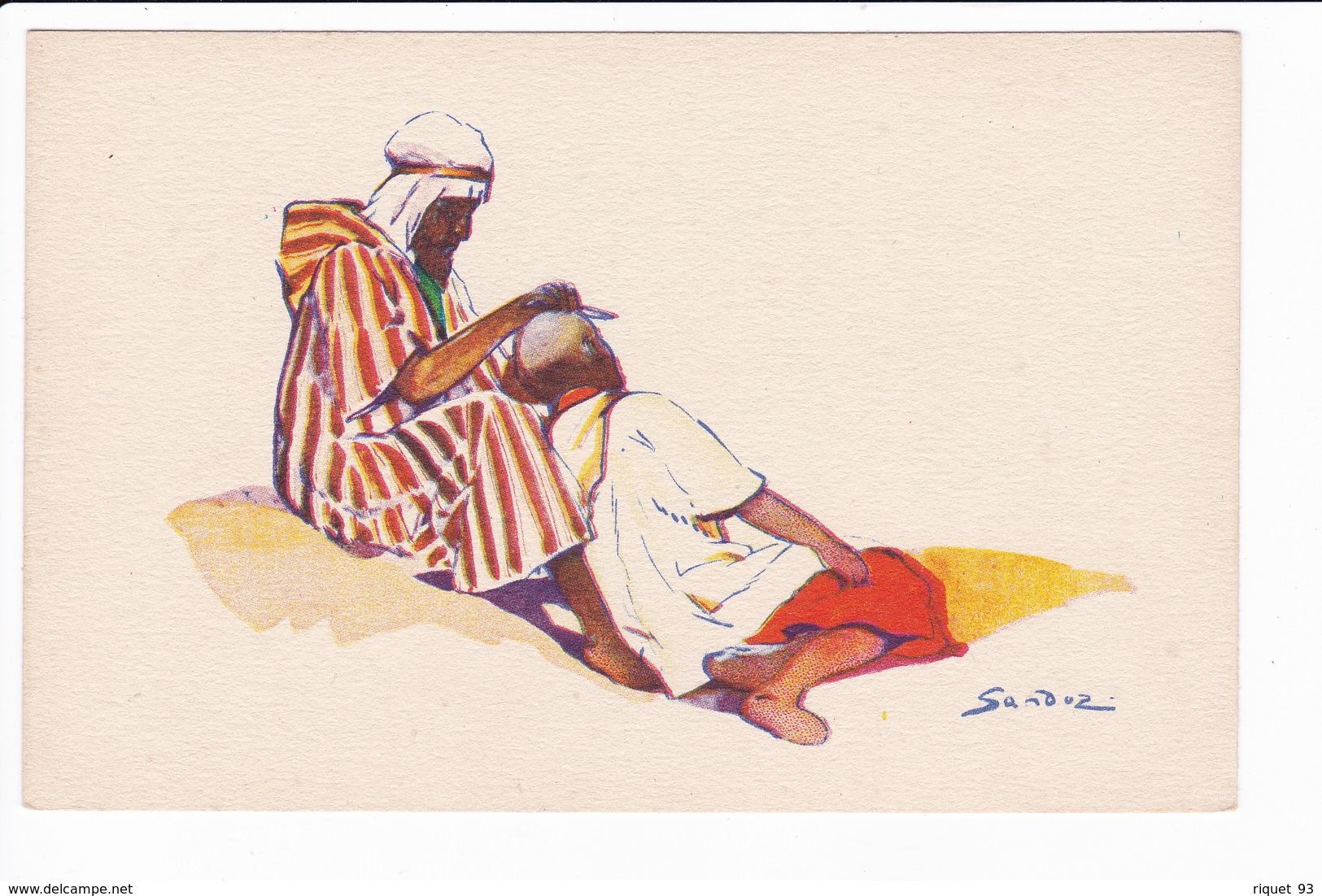 Lot 19 cp-Dessins signés Sandoz représentant des scènes de vie Nord-Africaines. Editée par la Cie Gle Transatlantique