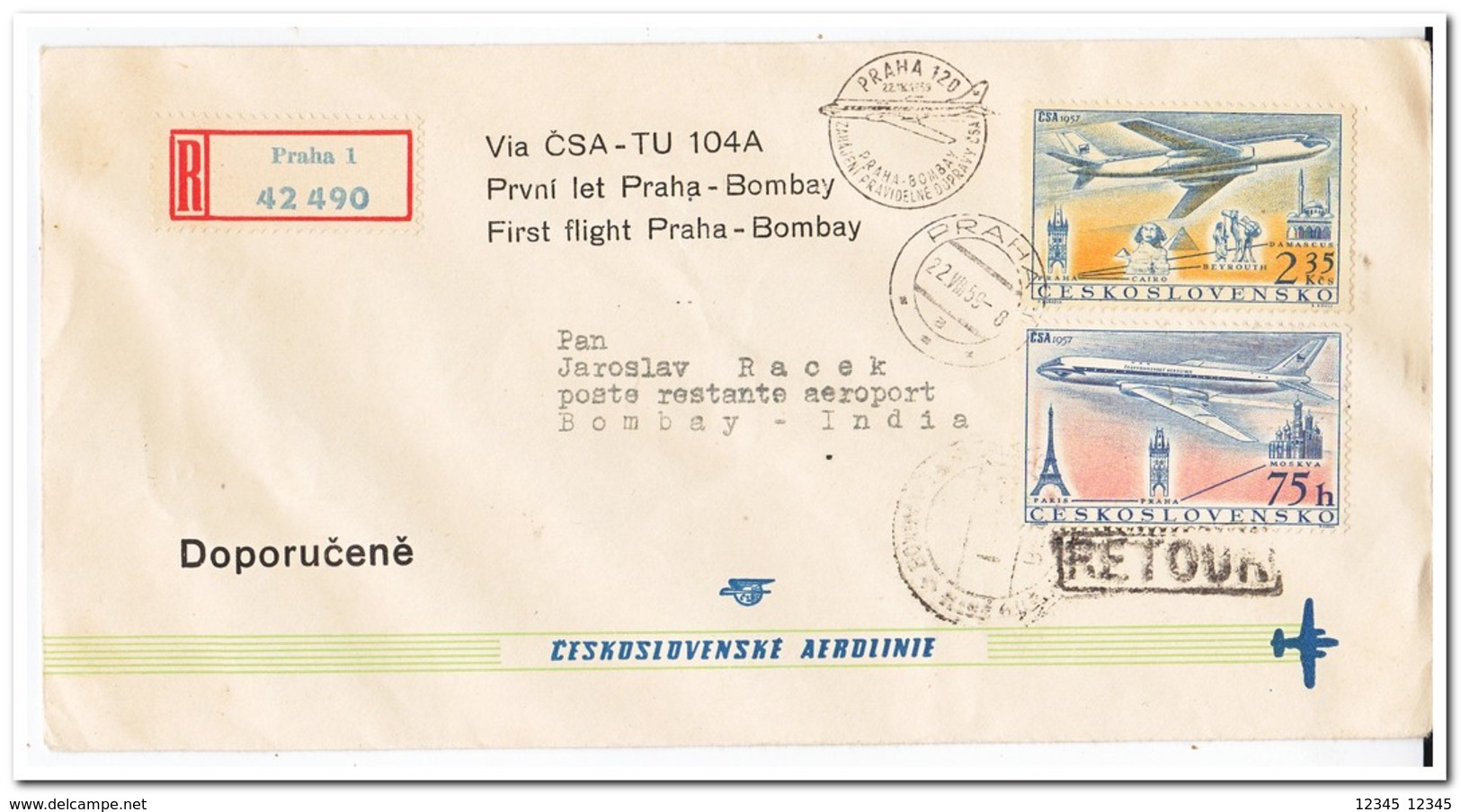 Tsjechoslowakije 1959, Flight From Prague To Bombay - Brieven En Documenten