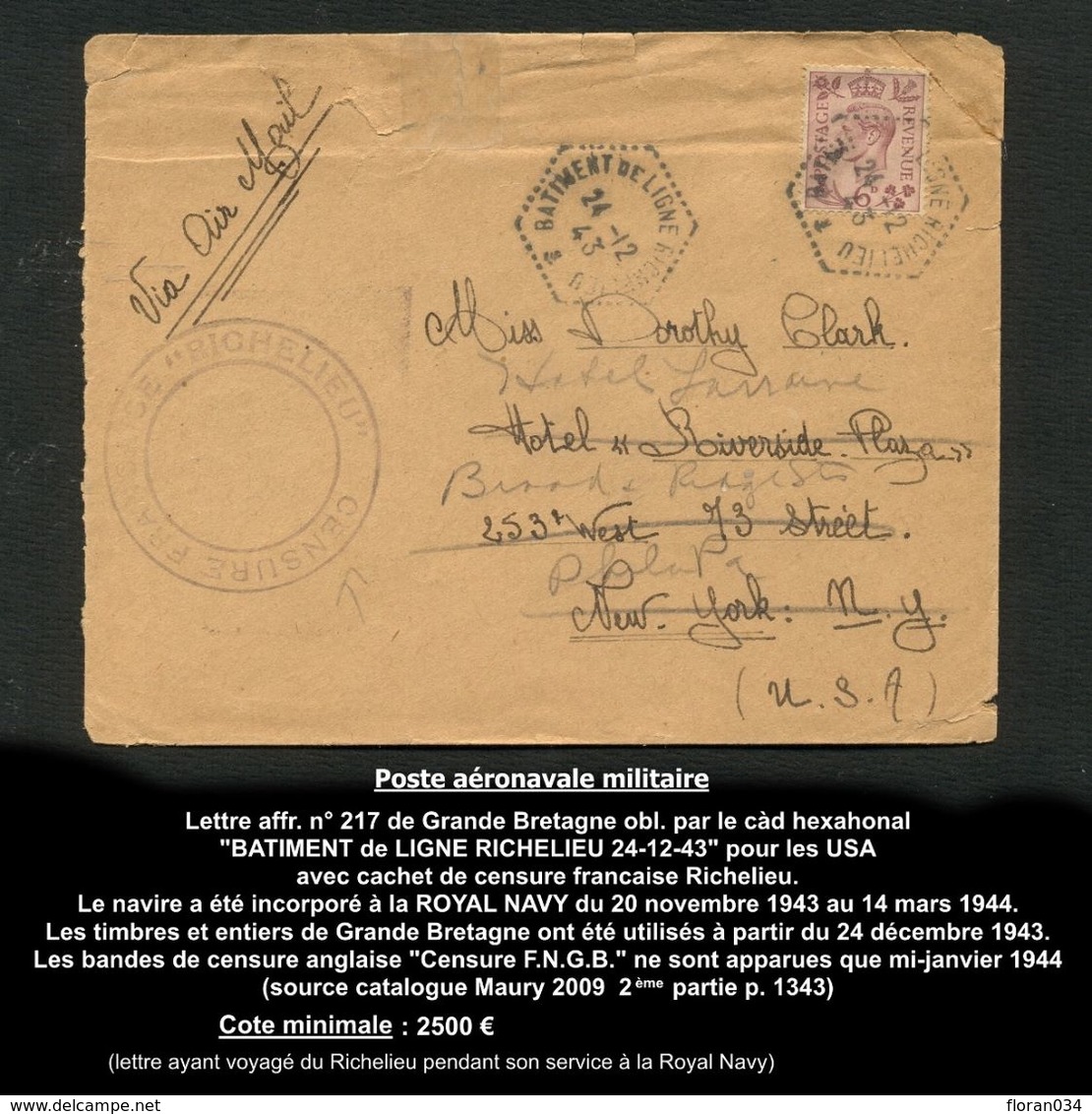 Poste Navale Militaire :Le De Grande-Bretagne Affr. GB N° 217 Obl. Càd Bat. Ligne Richelieu - Signé Calves TTB Qualité - Military Airmail