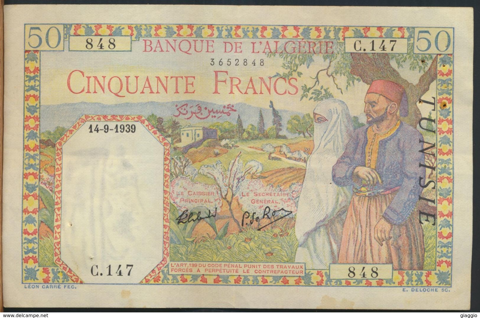 °°° TUNISIE BANQUE DE ALGERIE 50 FRANCS 14/9/1939 °°° - Tunisie