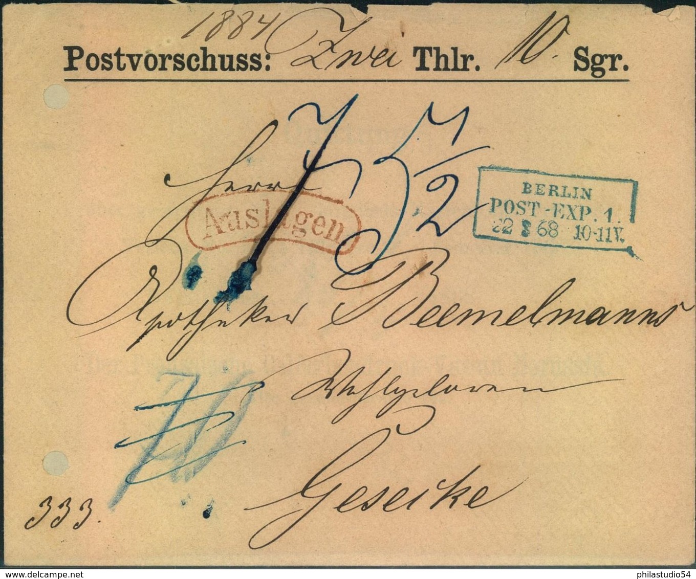 1868,  BERLINER POSTGESCHICHTE, BERLIN POST-EXP_ 1, Postvorschussbrief - Maschinenstempel (EMA)