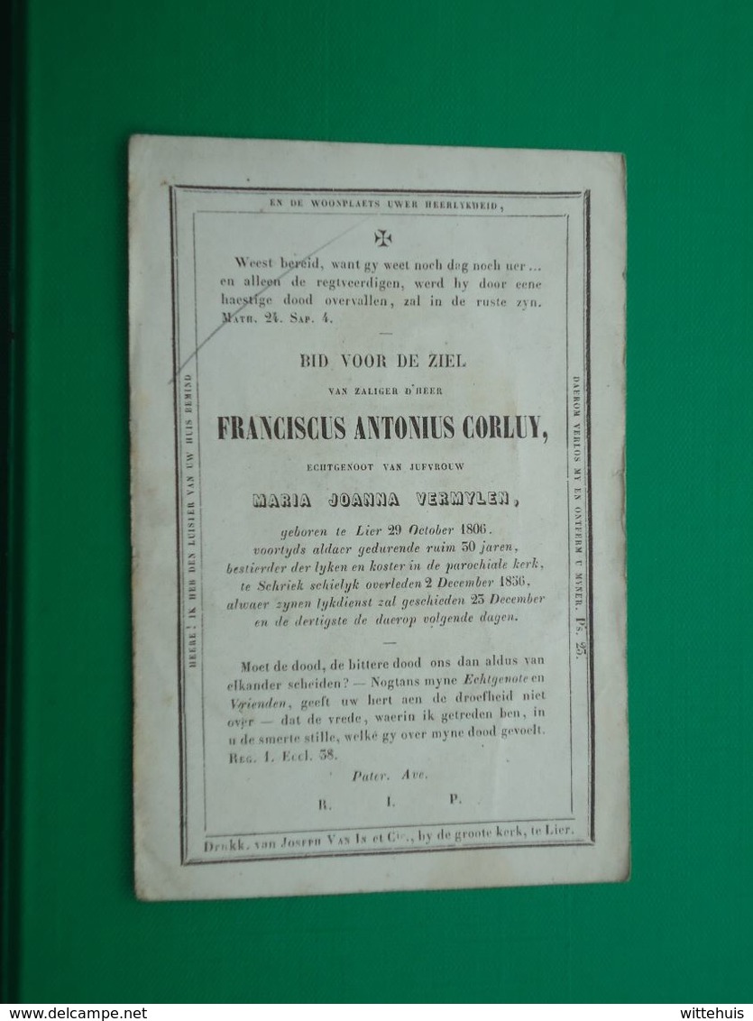 Franciscus Corluy - Vermylen Geboren Te Lier 1806 En Overleden Te Schriek 1856   (2scans) - Religion & Esotérisme