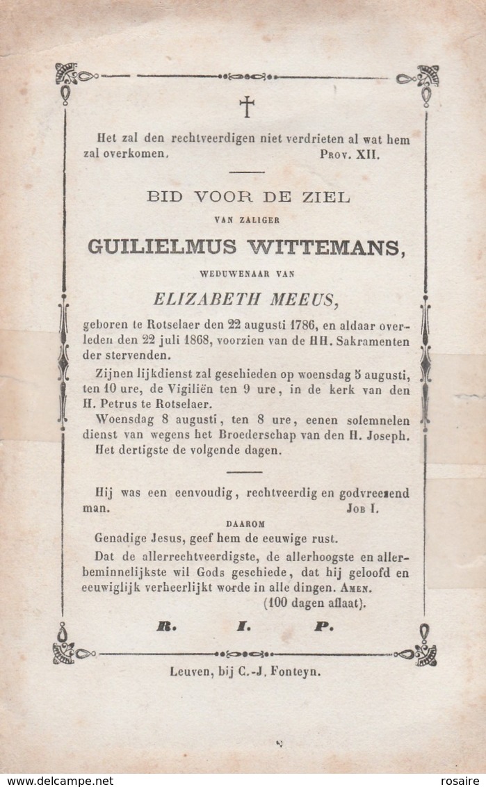 Guilielmus Wittemans-elizabeth Meeus-rotselaer 1786- 1868 - Images Religieuses