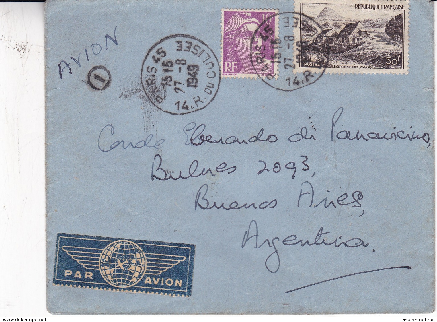 ENVELOPE PAR AVION CIRCULEE FRANCE TO ARGENTINE YEAR 1949 AUTRES MARQUES- BLEUP - Cartas & Documentos