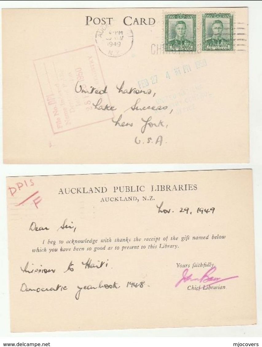 1949 AUCKLAND LIBRARY To UN LIBRARY USA  Re MISSION TO HAITI Book Donation United Nations New Zealand Stamps Cover Card - Covers & Documents