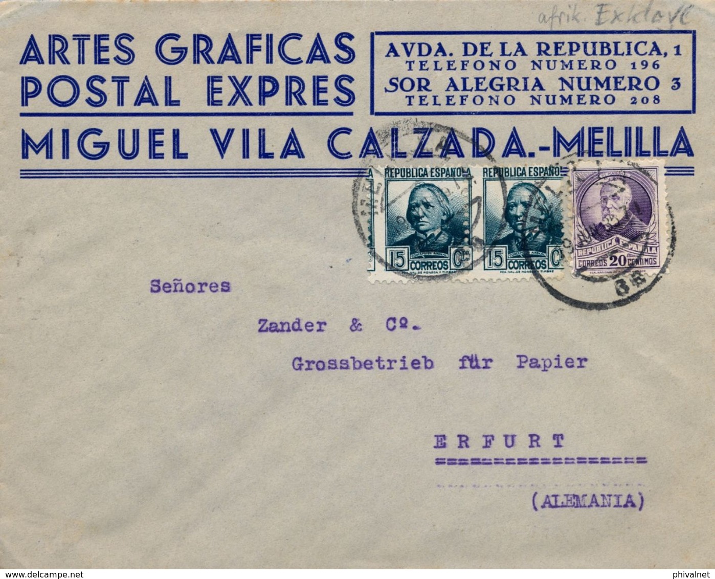 1935 , MELILLA , SOBRE COMERCIAL CIRCULADO A ERFURT - Storia Postale