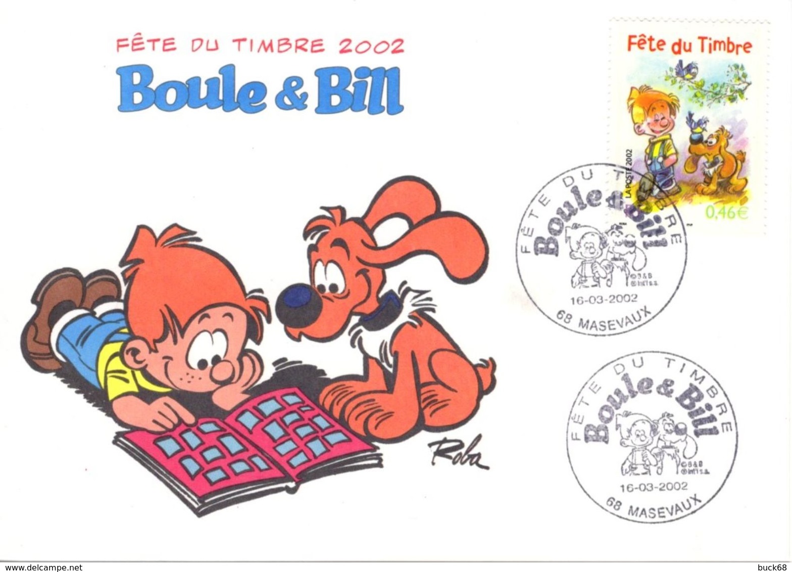 FRANCE 3467 FDC 1er Jour Boule Et Bill De Jean ROBA 2002 Cocker Bédé Comics Cartoon Strip MASEVAUX 3 - Comics