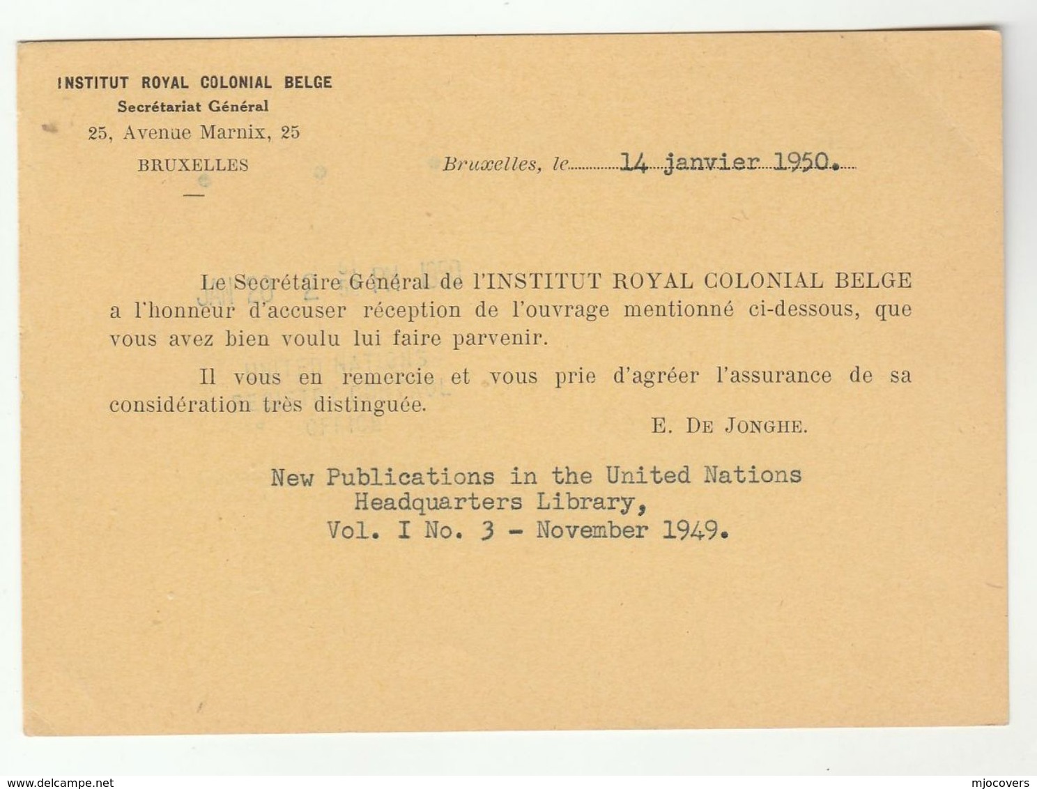 1950 INSTITUT ROYAL COLONIAL BELGIUM To UN USA Re RECEIPT OF UN LIBRARY PUBL.1949 United Nations Cover Card Tb Health - Covers & Documents