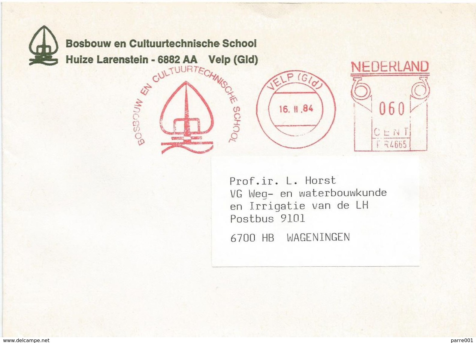 Nederland Netherlands 1984 Velp Meter Postalia “P” PR4665 Forestry School  EMA Cover - Frankeermachines (EMA)