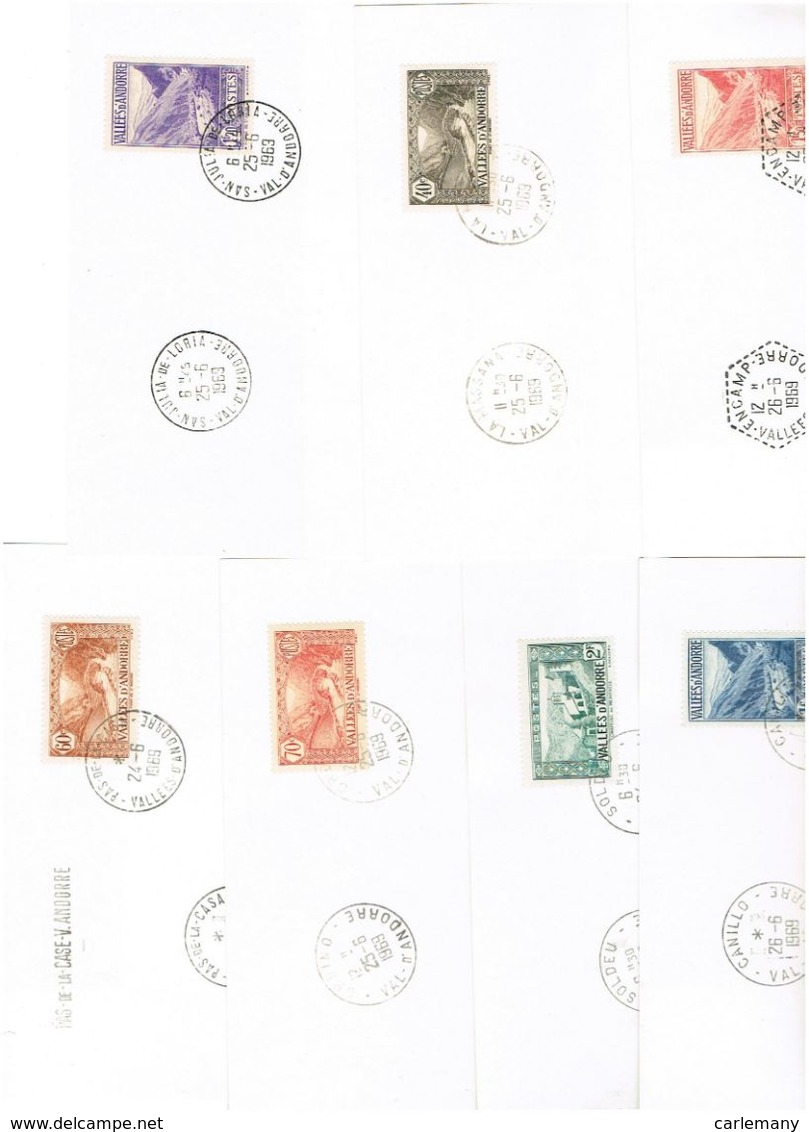 7 CARTOLINES CANCEL 7 PARROQUIES ANDORRA 1969 - Maschinenstempel (EMA)