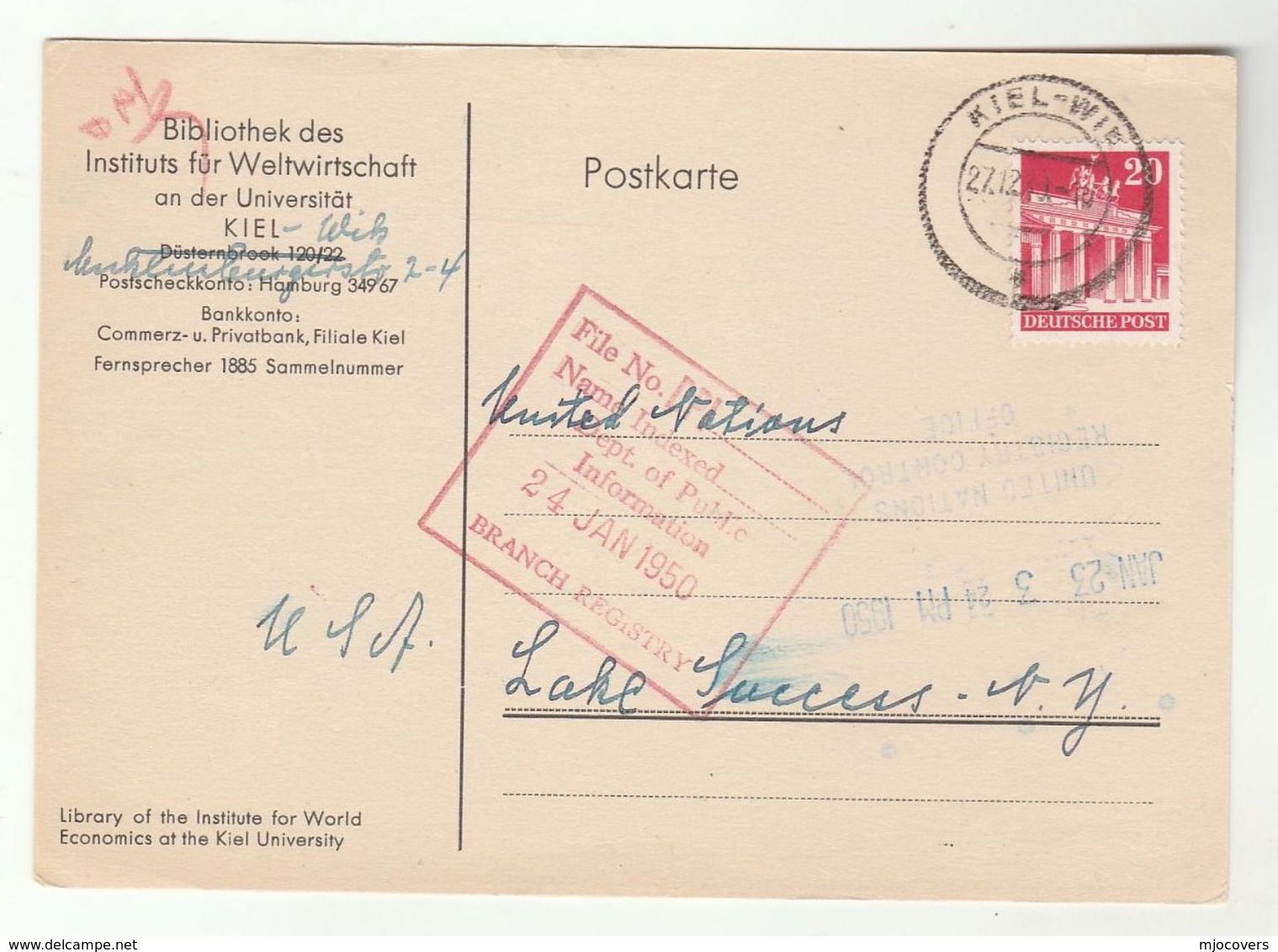 1950 KIEL To UN USA Re RECEIPT UNITED NATIONS HUMAN RIGHTS SESSION Cover Card Germany GLOBAL ECONOMY UNIVERSITY LIBRARY - Other & Unclassified