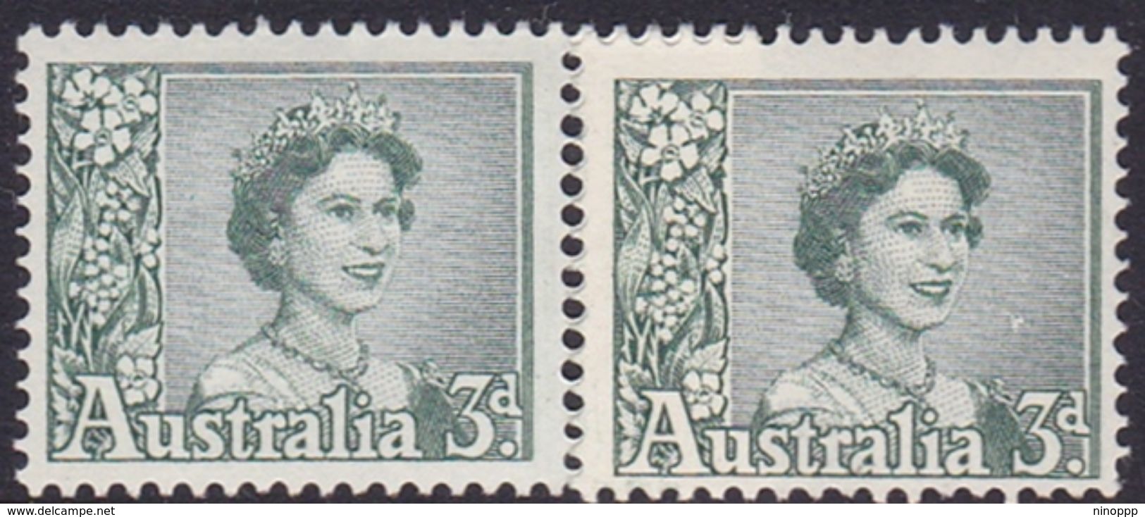 Australia ASC 343 1959 Queen Elizabeth II 3d Blue-green, Joint Coil Pair, Mint Never Hinged - Ensayos & Reimpresiones