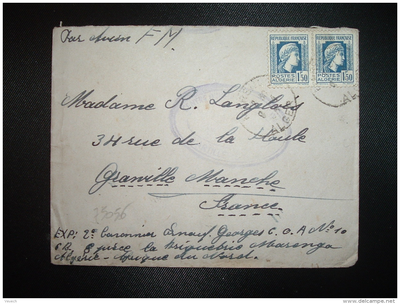 LETTRE EN FM TP MARIANNE D'ALGER 1F50 Paire OBL.9-4 45 MARENGO ALGER + EXP: 2e CANONNIER ENOUF Georges - 1944 Coq Et Maríanne D'Alger