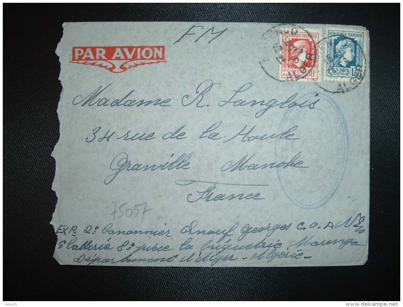 LETTRE EN FM TP MARIANNE D'ALGER 1F50 + 50c OBL.12-3 45 MARENGO ALGER + EXP: 2e CANONNIER ENOUF Georges - 1944 Coq Et Maríanne D'Alger