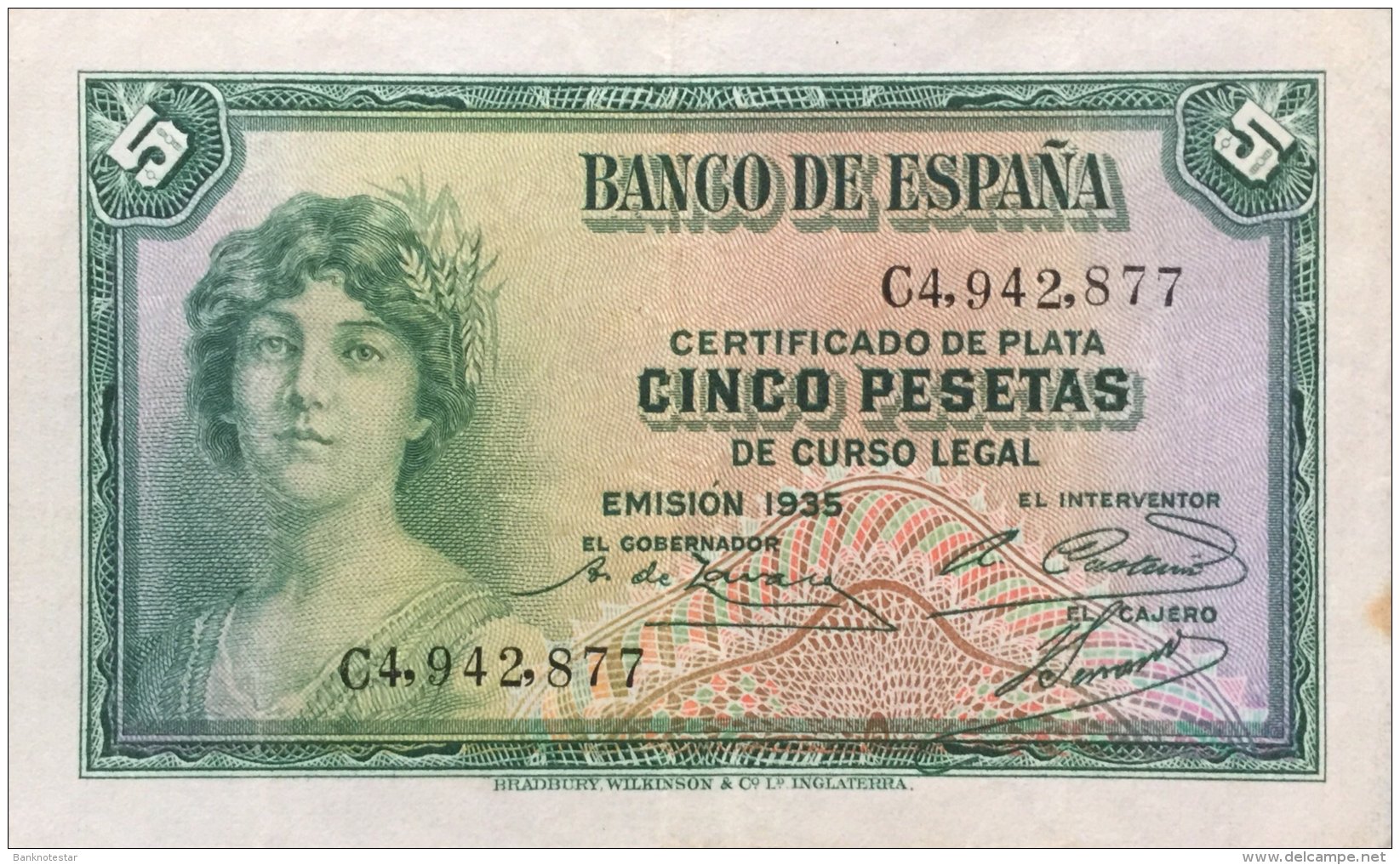 Spain 5 Pesetas, P-85 (1935) - VF+ - 5 Pesetas