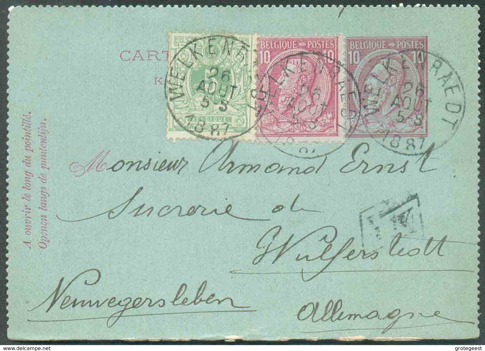 N°45-46 En Affranchissement Complémentaire Sur E.P. Carte-lettre 10 Centimes, Obl. Sc WELKENRAEDT Du 26 Août 1887 + Boît - Letter-Cards