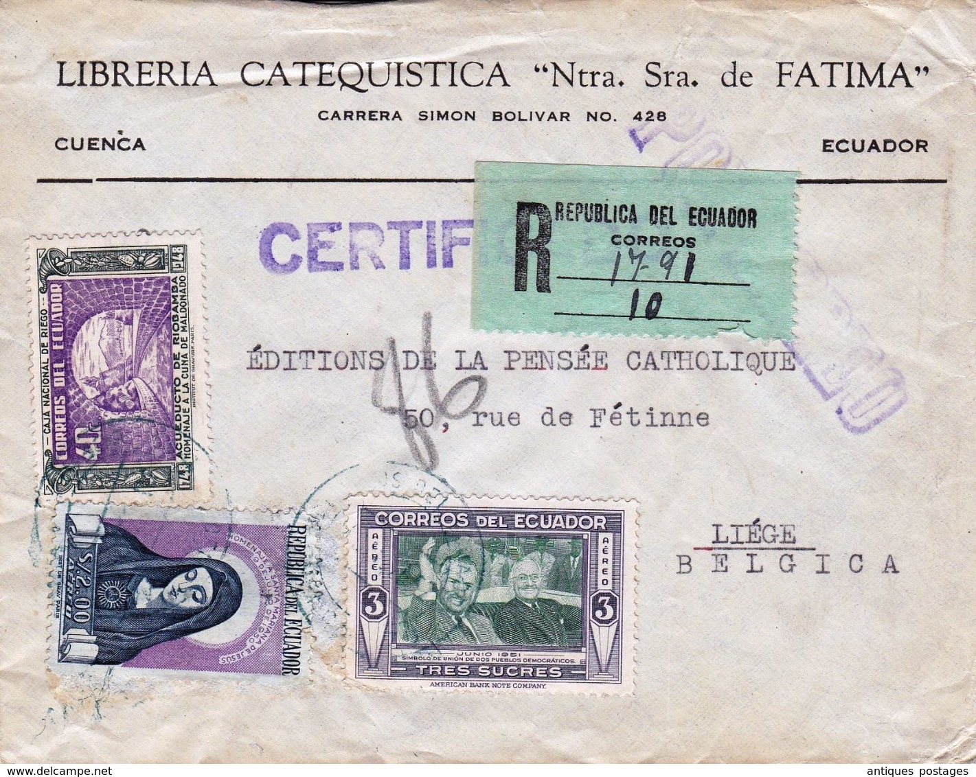 Lettre Cuenca Ecuador Libreria Catequistica Nuestra Señora De Fátima Equateur Liège Belgique 1952 Washinton Air Mail - Equateur