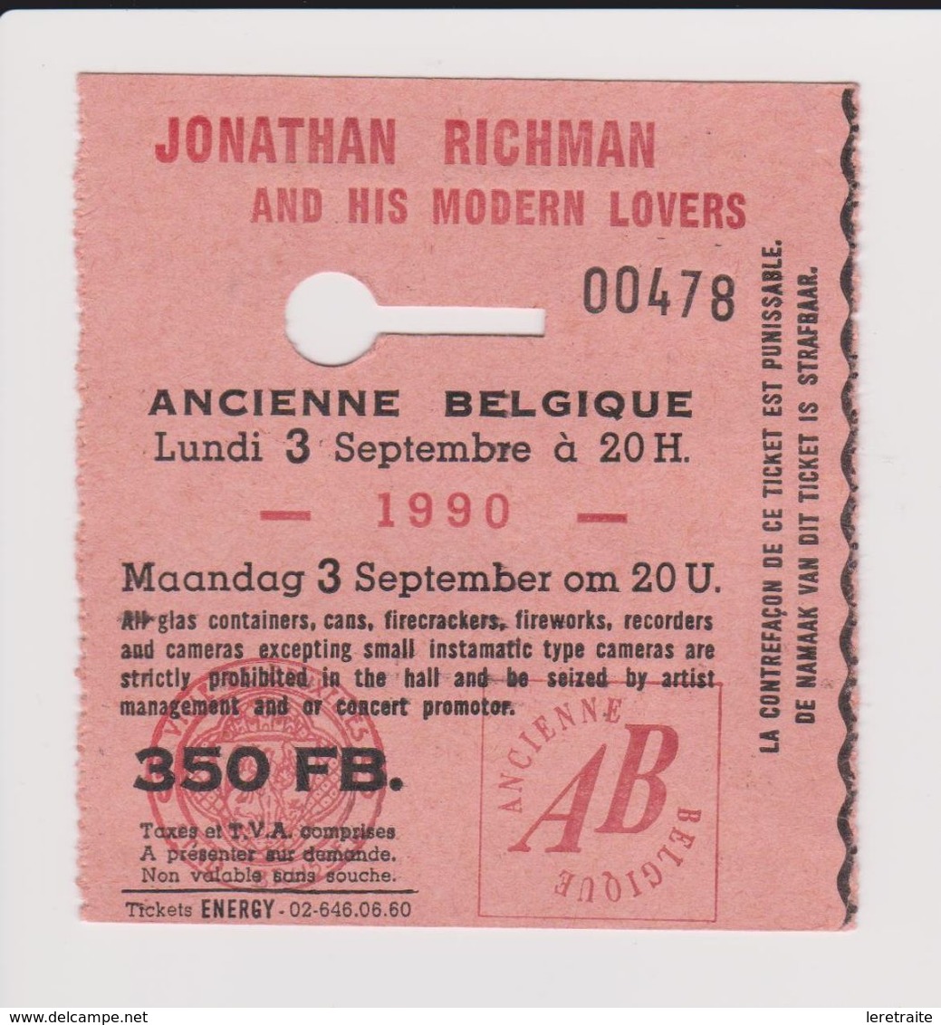 Concert JONATHAN RICHMAN AND HIS MODERN LOVERS 3 Septembre 1990 Ancienne Belgique. - Tickets De Concerts