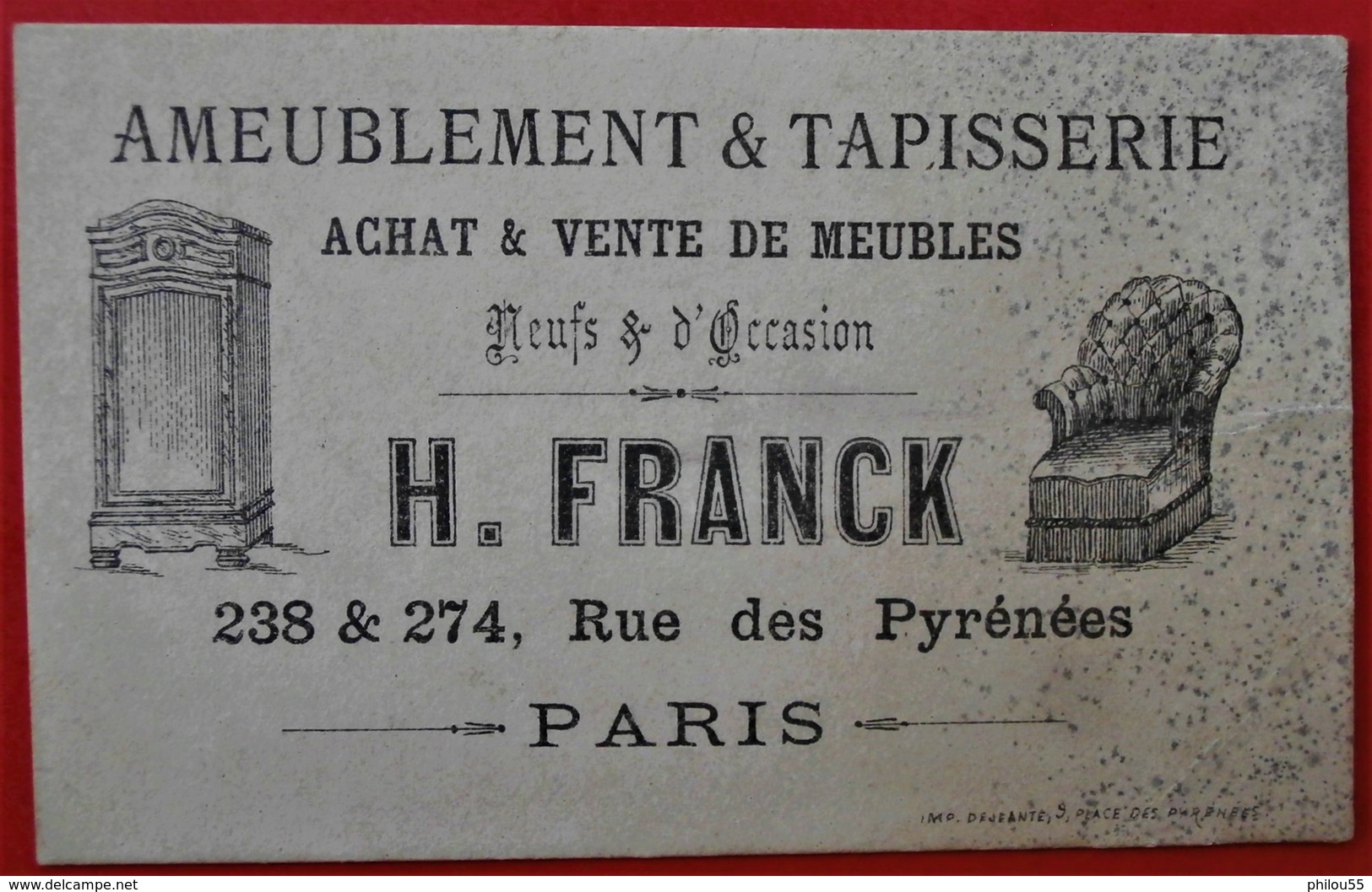 75 PARIS 20e H. FRANCK Ameublement & Tapisserie Rue Des Pyrenees - Cartes De Visite