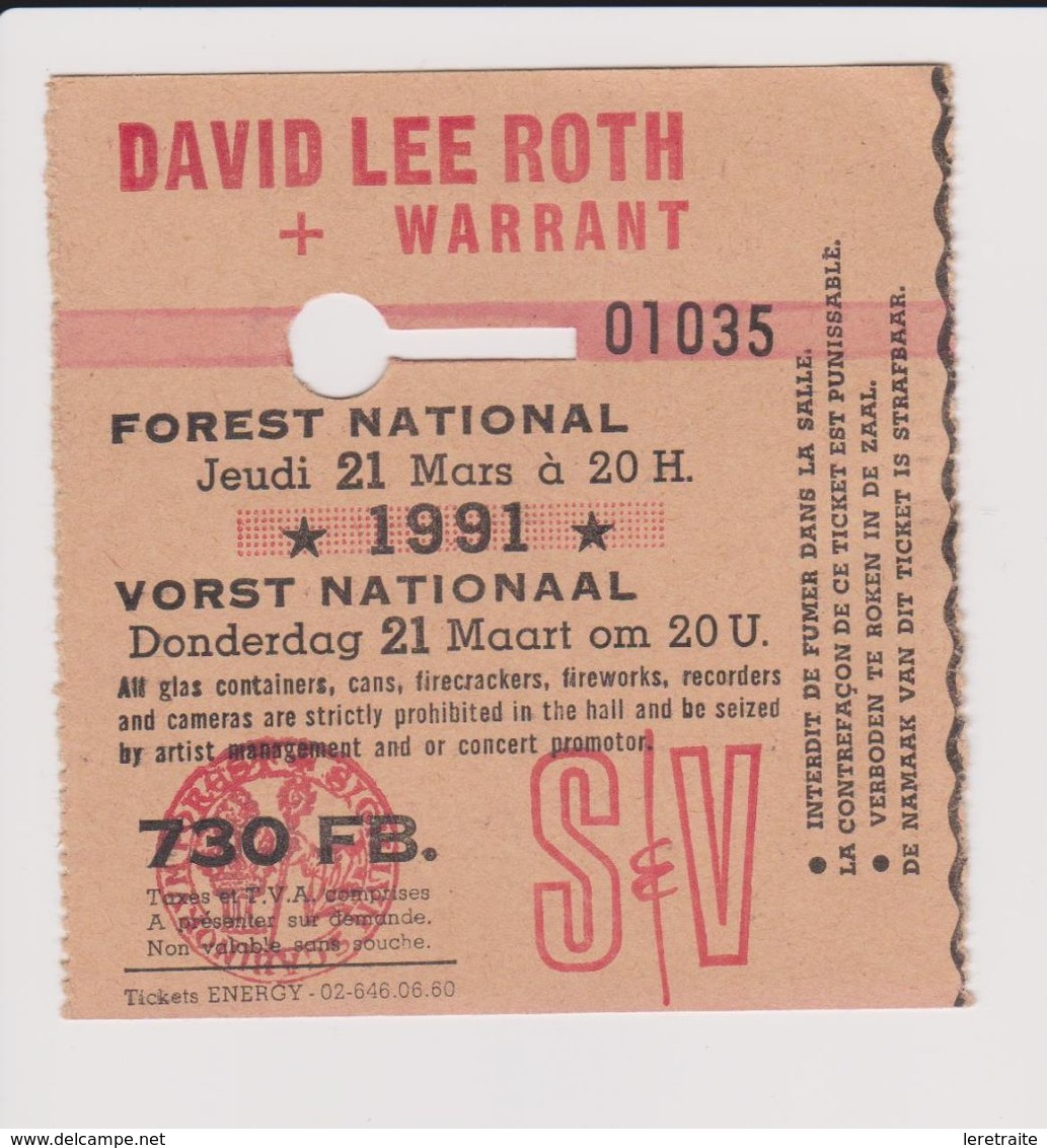 Concert DAVID LEE ROTH + WARRANT 21 Mars 1991  à Forest National B. - Tickets De Concerts