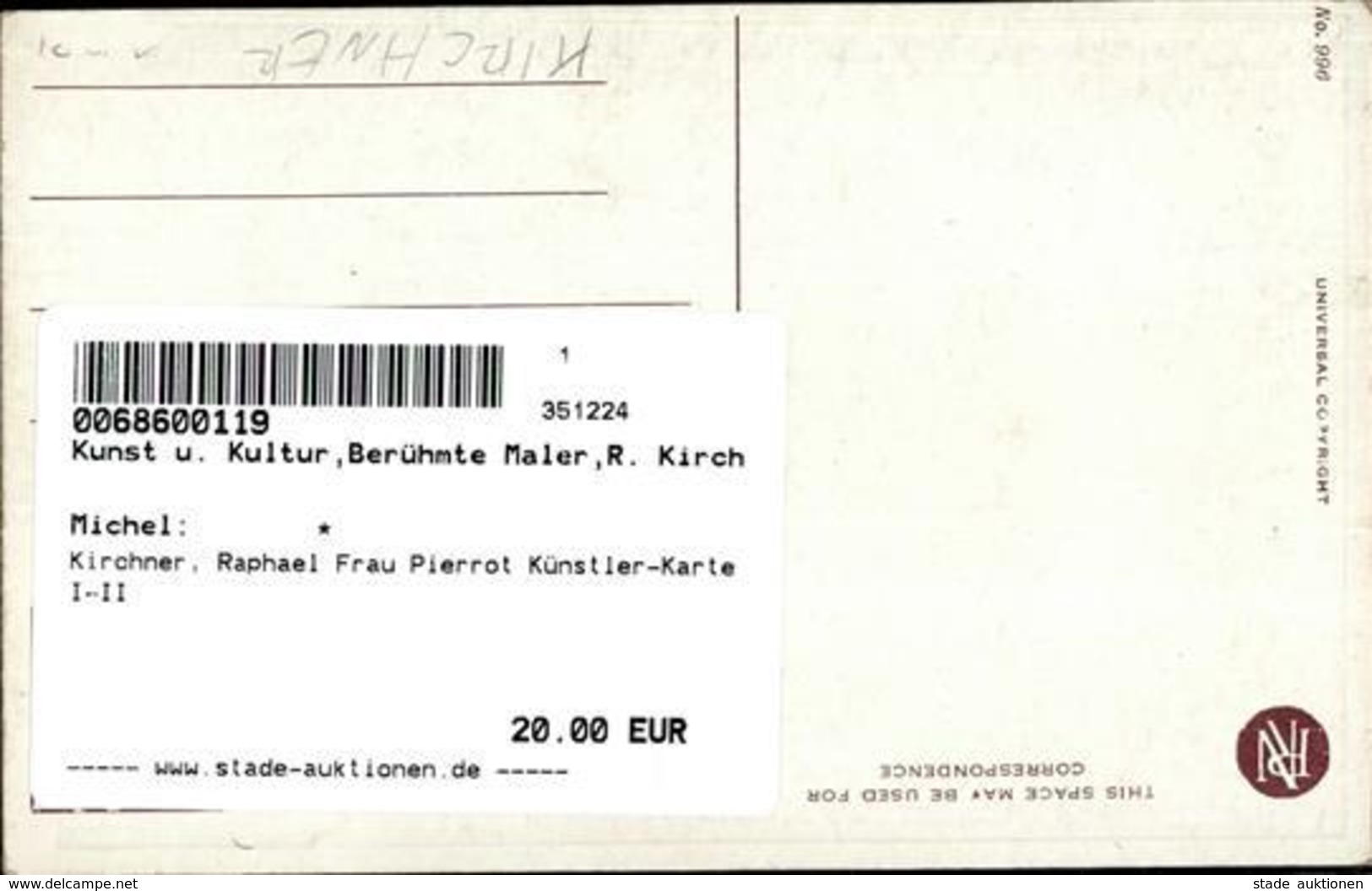 Kirchner, Raphael Frau Pierrot Künstler-Karte I-II - Kirchner, Raphael