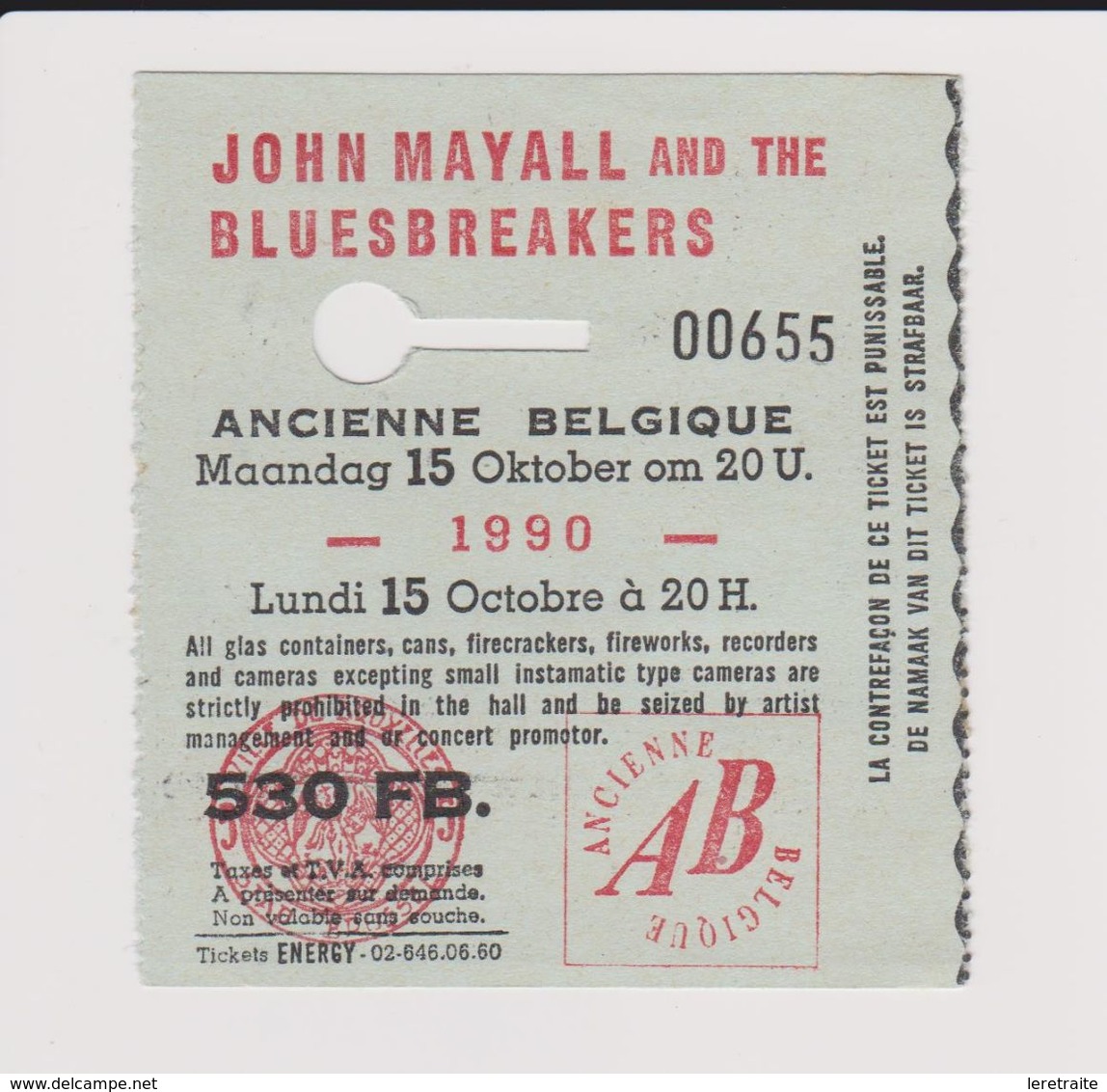 Concert JOHN MAYALL And The BLUESBREAKERS 15 Octobre 1990 Ancienne Belgique. - Tickets De Concerts