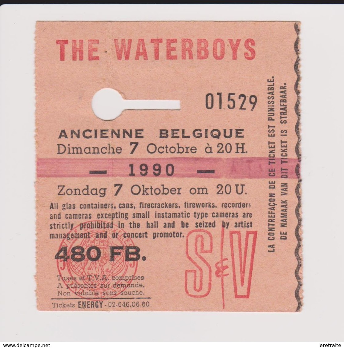 Concert THE WATERBOYS 7 Novembre 1990 Ancienne Belgique. - Konzertkarten