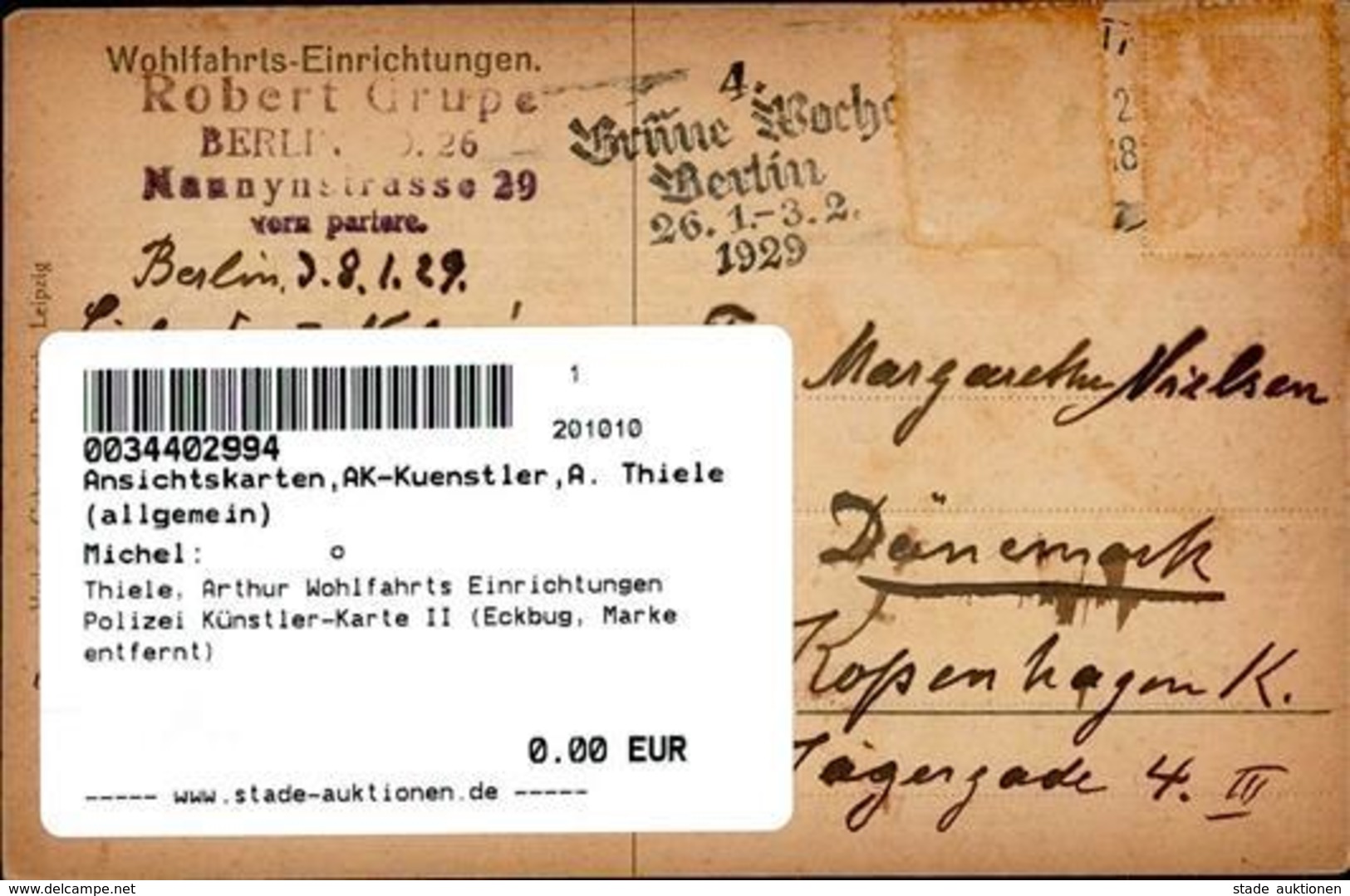 Thiele, Arthur Wohlfahrts Einrichtungen Polizei Künstler-Karte II (Eckbug, Marke Entfernt) - Thiele, Arthur