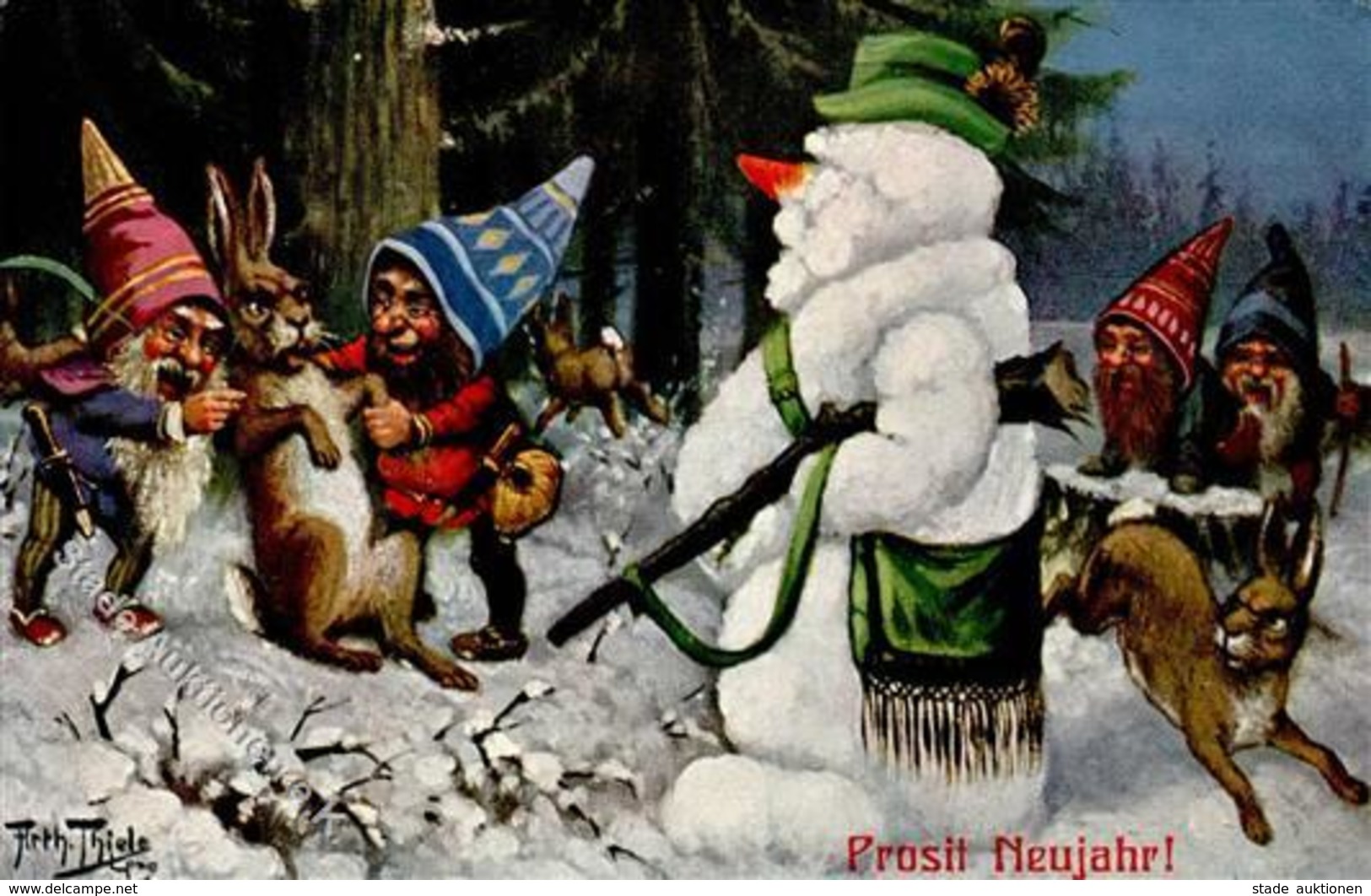 Thiele, Arthur Zwerge Schneemann Hase Neujahr  Künstlerkarte I-II Bonne Annee Lutin - Thiele, Arthur