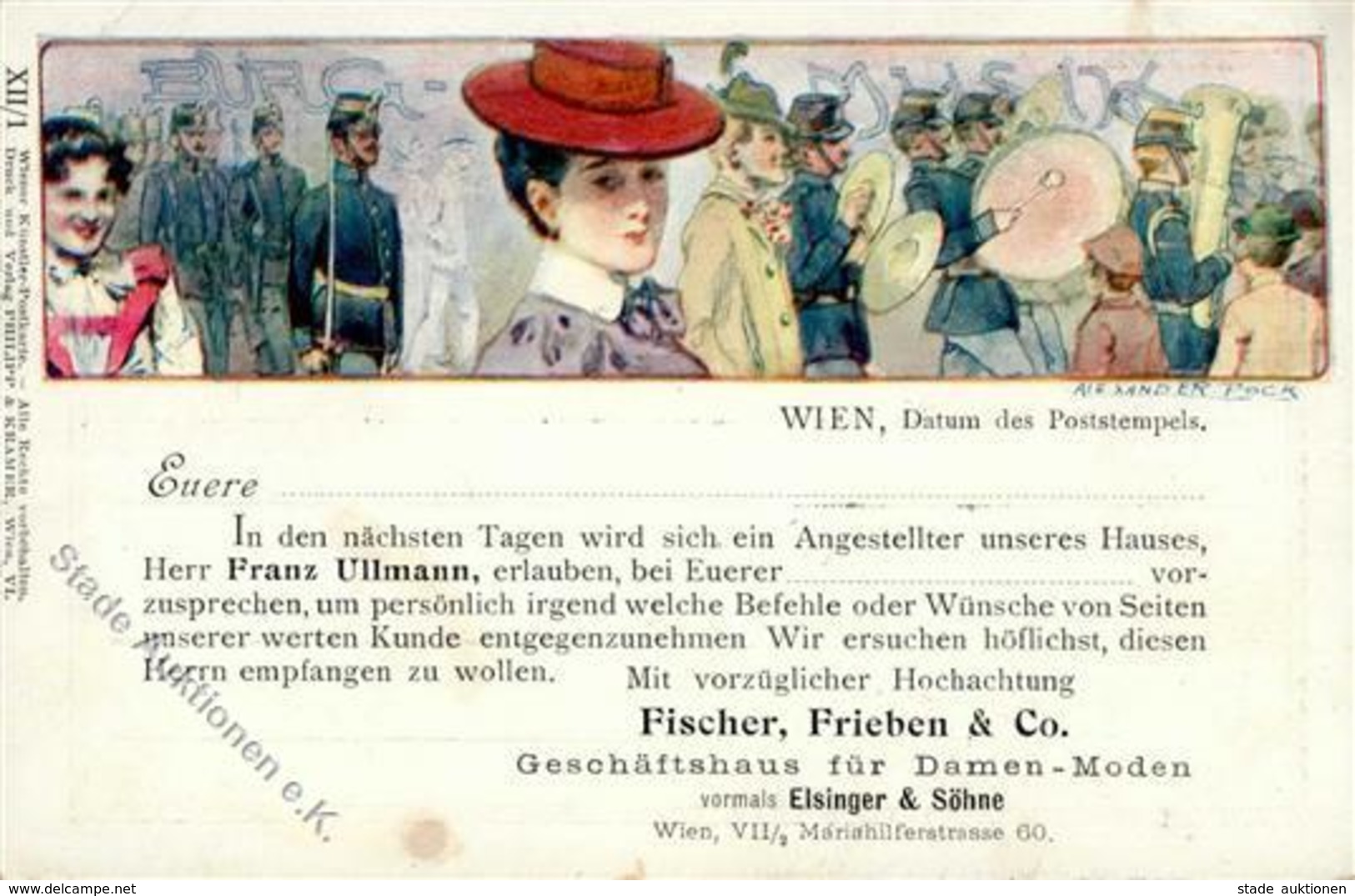 Philipp & Kramer Besuchsanzeige Fischer Frieben & Co. Damen Moden Sign. Pock, Alexander Künstlerkarte 1898 I-II (Eckbug, - Non Classificati