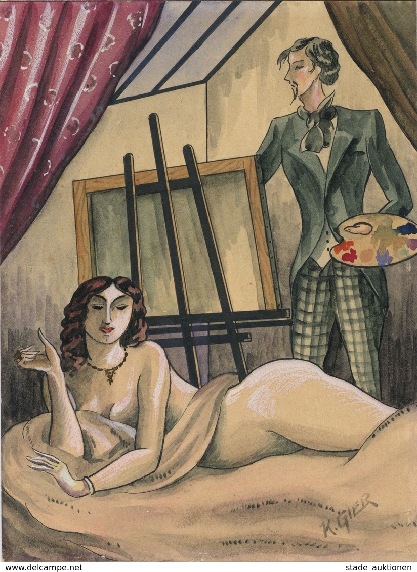 Handgemalt Erotik Frau Sign. Gier, K. Bild Ca. 14 X 19,5 Cm I-II (keine AK) Peint à La Main Erotisme - Non Classificati